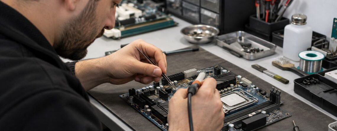 Bilgisayar anakart tamiri yapan teknisyen ve teknik servis ortamı