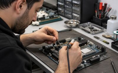 Bilgisayar anakart tamiri yapan teknisyen ve teknik servis ortamı