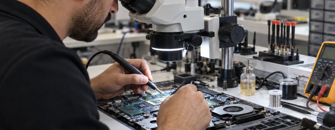 Mikroskop altında anakart tamiri yapan uzman teknisyen ve mikroelektronik onarım süreci