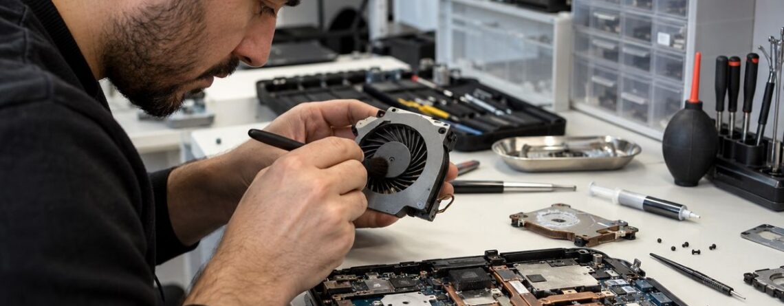 Notebook fan temizliği ve termal macun bakımı yapan bilgisayar tamir teknisyeni