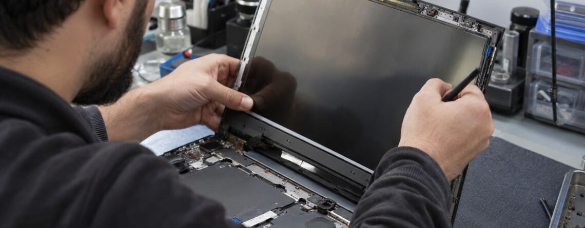 Notebook ekran tamiri yapan teknisyen ve arızalı ekran paneli onarımı