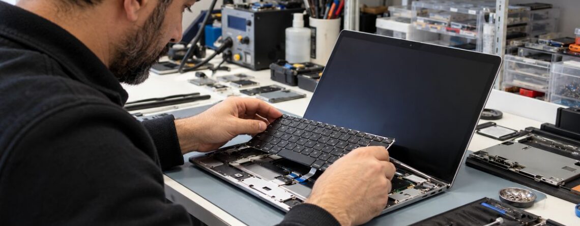 Notebook klavye değişimi yapan teknik servis teknisyeni çalışma masasında.