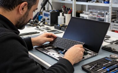 Notebook klavye değişimi yapan teknik servis teknisyeni çalışma masasında.