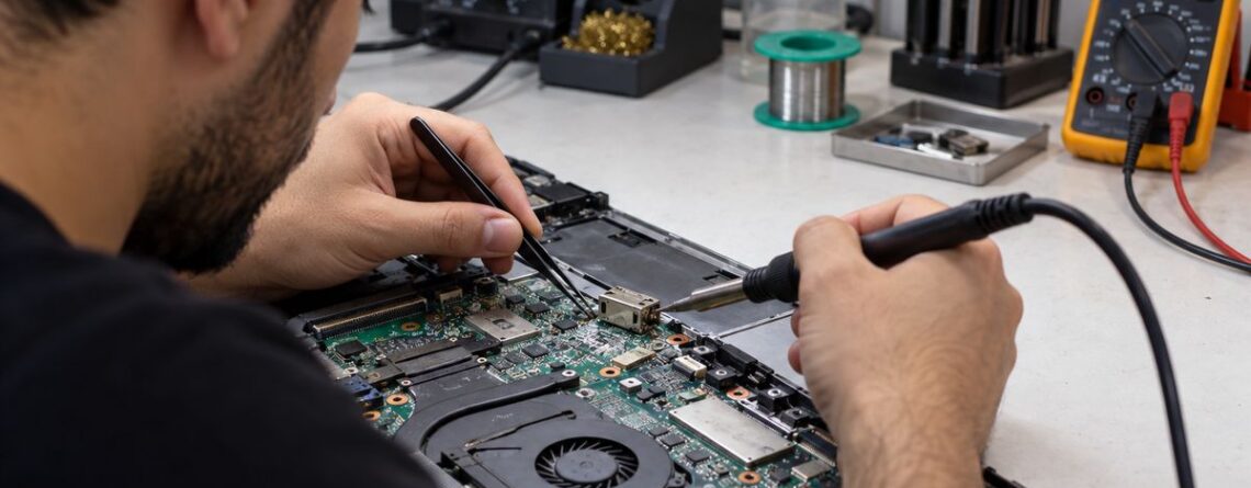 Notebook anakartı üzerinde şarj soketi DC jack onarımı yapan teknisyen