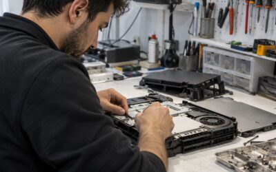 PlayStation konsolunun içini açıp termal macun bakımı yapan profesyonel teknisyen