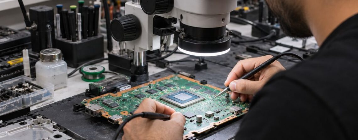 PlayStation anakartı üzerinde mikroskop altında HDMI portu onarımı yapan teknisyen