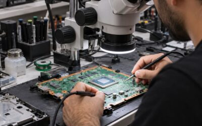 PlayStation anakartı üzerinde mikroskop altında HDMI portu onarımı yapan teknisyen