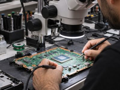 PlayStation anakartı üzerinde mikroskop altında HDMI portu onarımı yapan teknisyen