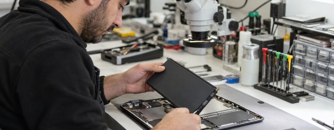 Teknik servis atölyesinde uzman teknisyen tarafından gerçekleştirilen güvenli tablet batarya değişimi işlemi