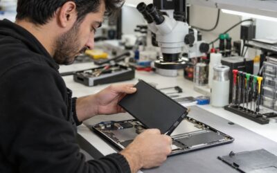 Teknik servis atölyesinde uzman teknisyen tarafından gerçekleştirilen güvenli tablet batarya değişimi işlemi
