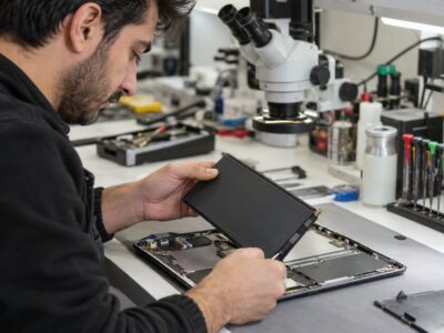 Teknik servis atölyesinde uzman teknisyen tarafından gerçekleştirilen güvenli tablet batarya değişimi işlemi