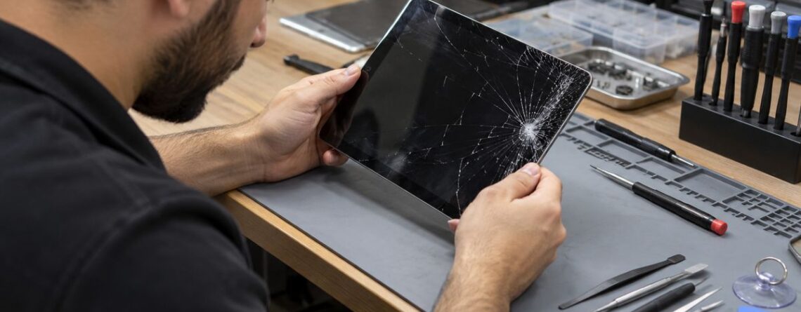 Teknisyen atölyede kırık tablet ekranını incelerken tablet ekran değişimi hazırlığı