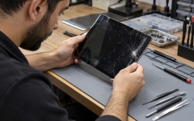 Teknisyen atölyede kırık tablet ekranını incelerken tablet ekran değişimi hazırlığı