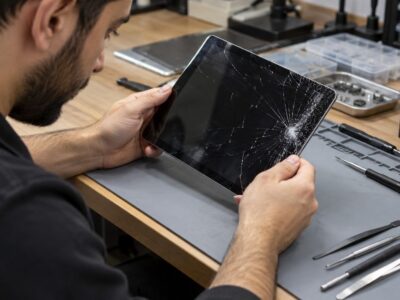 Teknisyen atölyede kırık tablet ekranını incelerken tablet ekran değişimi hazırlığı