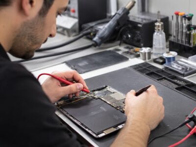 Tablet şarj olmuyor arızası için şarj soketi ve devre kontrolü yapan teknisyen