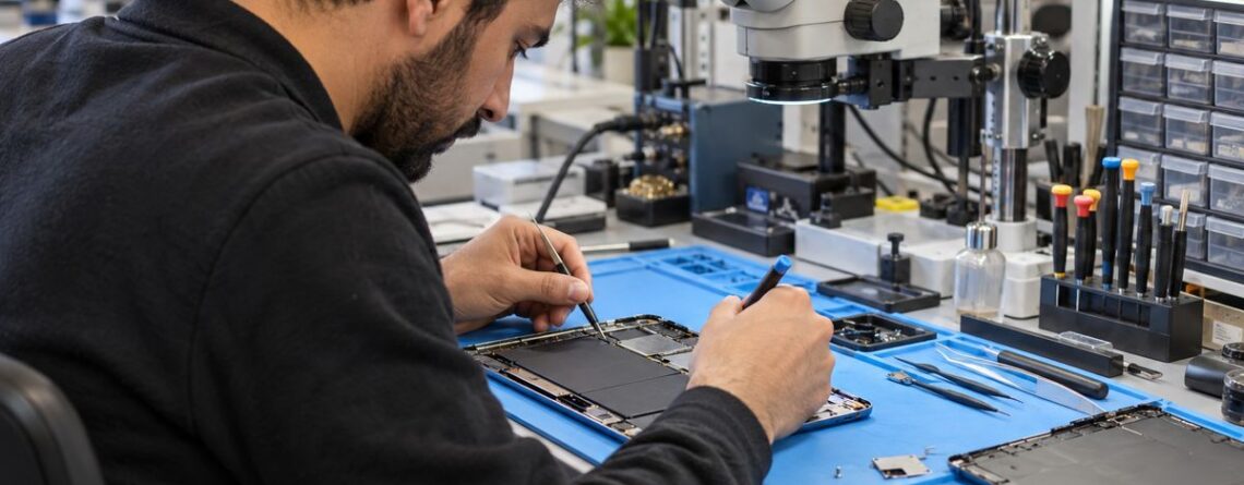 Tablet tamiri yapan uzman teknisyen ve onarım atölyesi