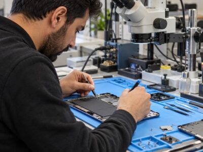 Tablet tamiri yapan uzman teknisyen ve onarım atölyesi