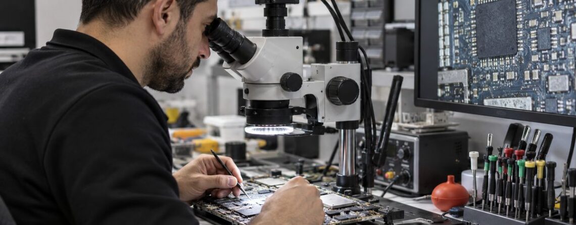 Teknik servis atölyesinde anakart üzerinde hassas onarım yapan teknisyen