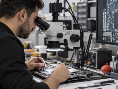 Teknik servis atölyesinde anakart üzerinde hassas onarım yapan teknisyen