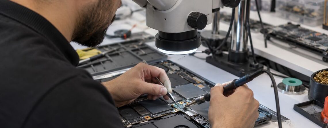 USB-C şarj portu onarımı yapan bilgisayar tamir teknisyeni