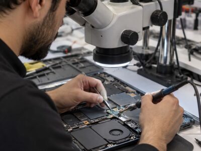 USB-C şarj portu onarımı yapan bilgisayar tamir teknisyeni