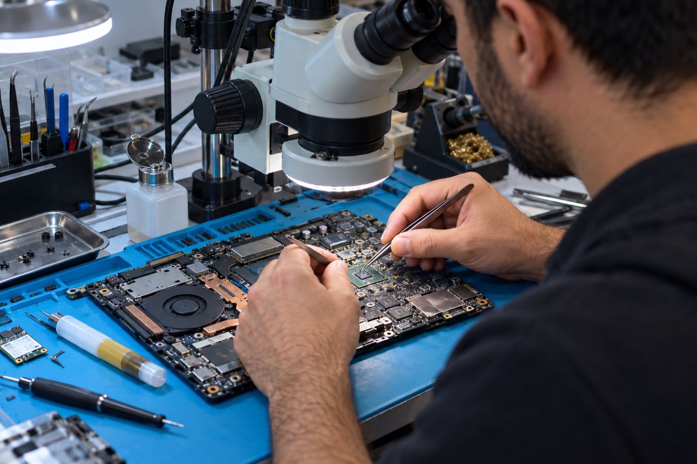 Teknik servis tezgâhında test cihazları ve ölçüm aletleriyle donatılmış notebook çalışma alanı