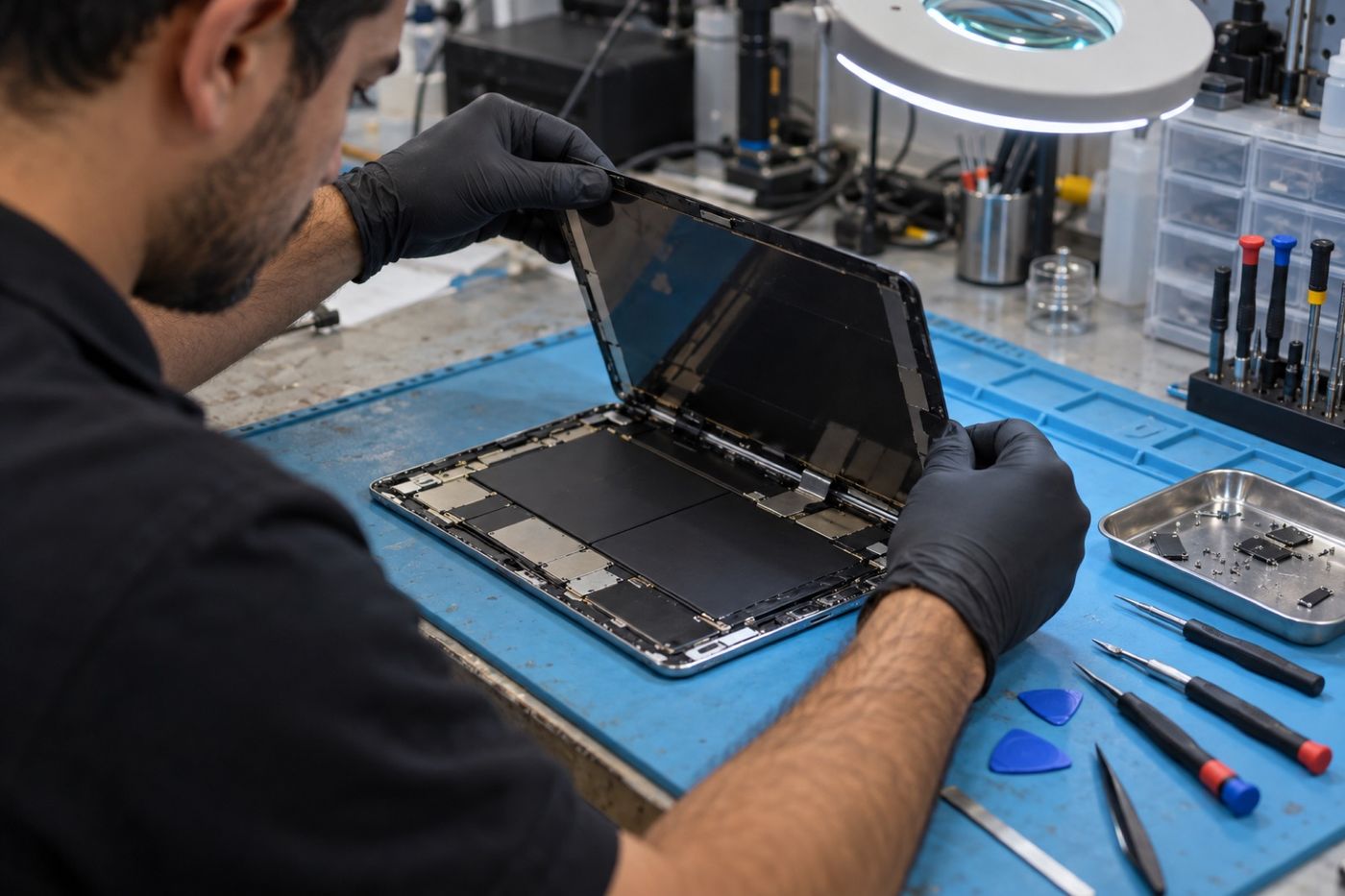 Arkadaş Elektronik teknik servis atölyesinde tablet tamir ve donanım montaj tezgâhı