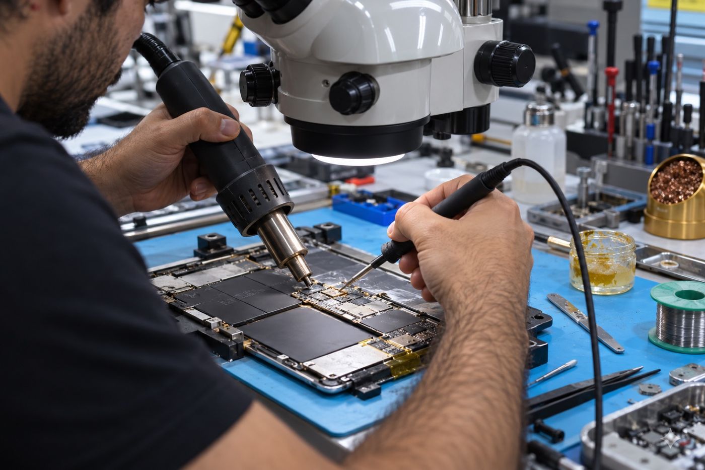 Onarım sonrası voltaj ve fonksiyon testinden geçen tablet ekranı ve yedek parçalar